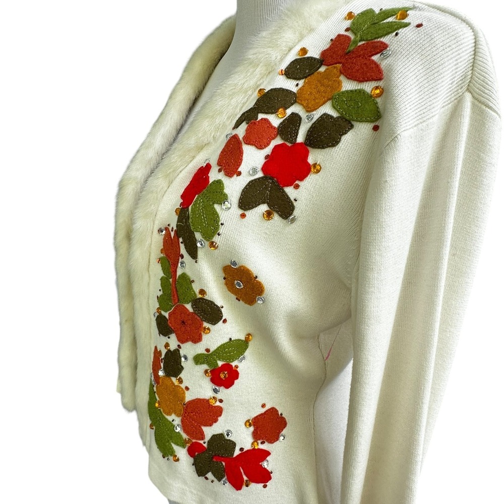 Fall Leaf Embellished Cardigan Jacket Faux Fur‎ Trim Appliqué Beaded Ivory M-L - Picture 6 of 16